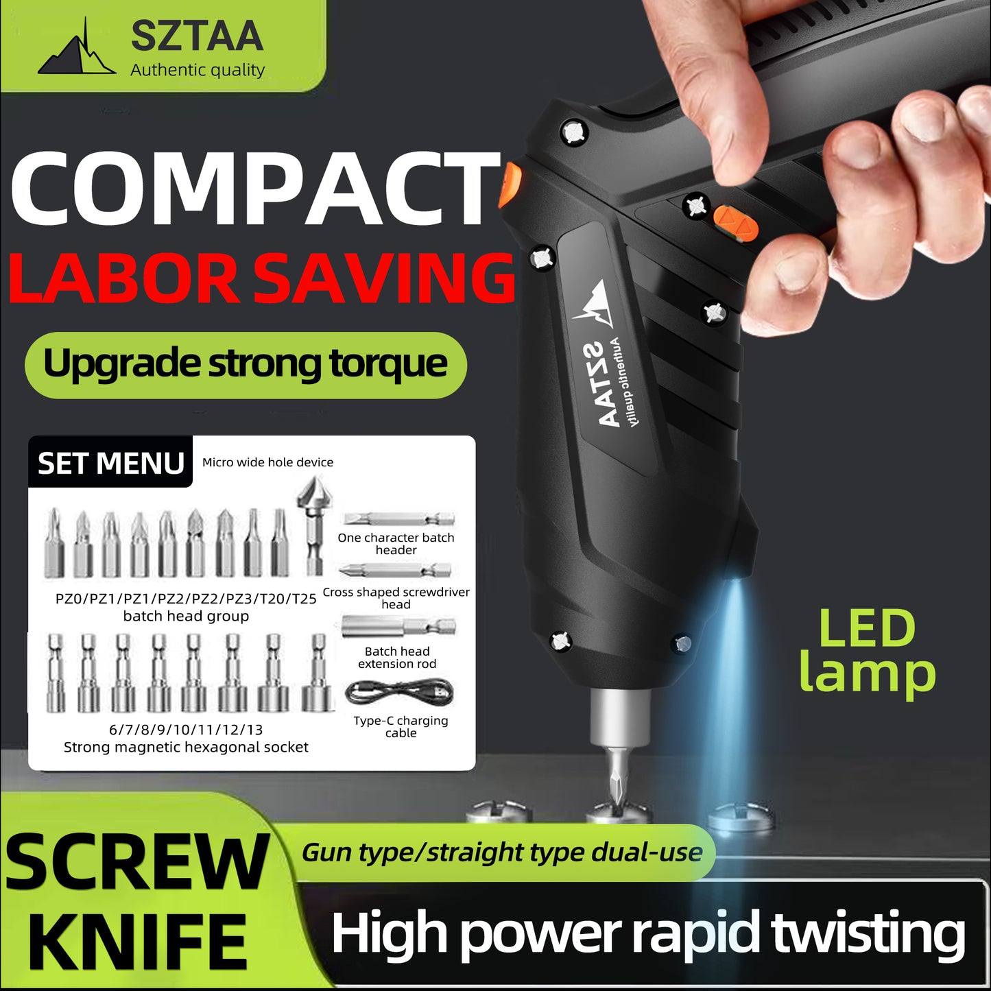 SZTAA 3.6V Cordless Electric Screwdriver Kit - USB-C Charging, 3Nm Torque, 47-Piece Bits w/Built-in LED Light & Compact Case Home Improvement blck