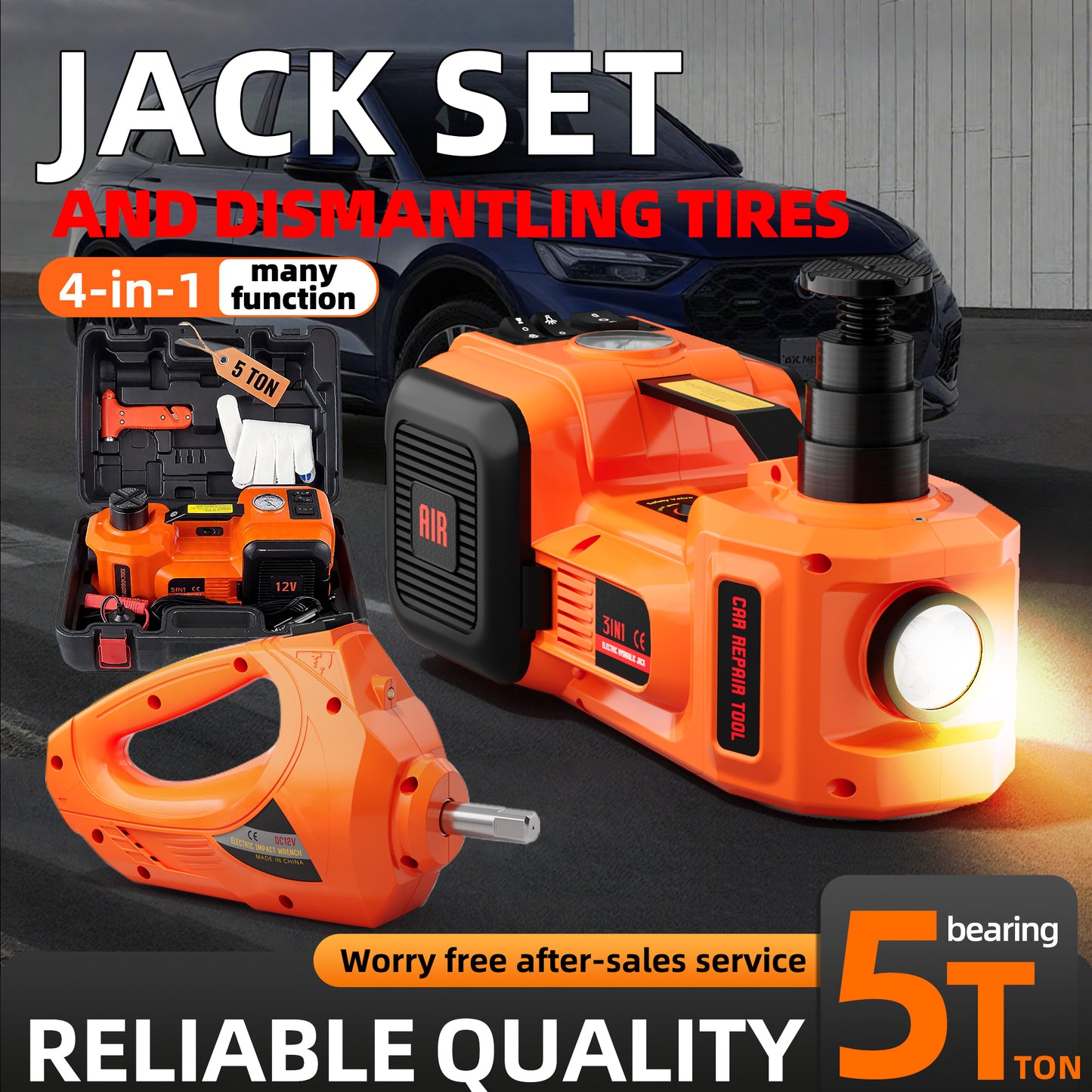 SZTAA 5 Ton Electric Car Jack Lift - All-in-One Kit w/ Impact Wrench, Air Pump & Light for Quick Tire Changes