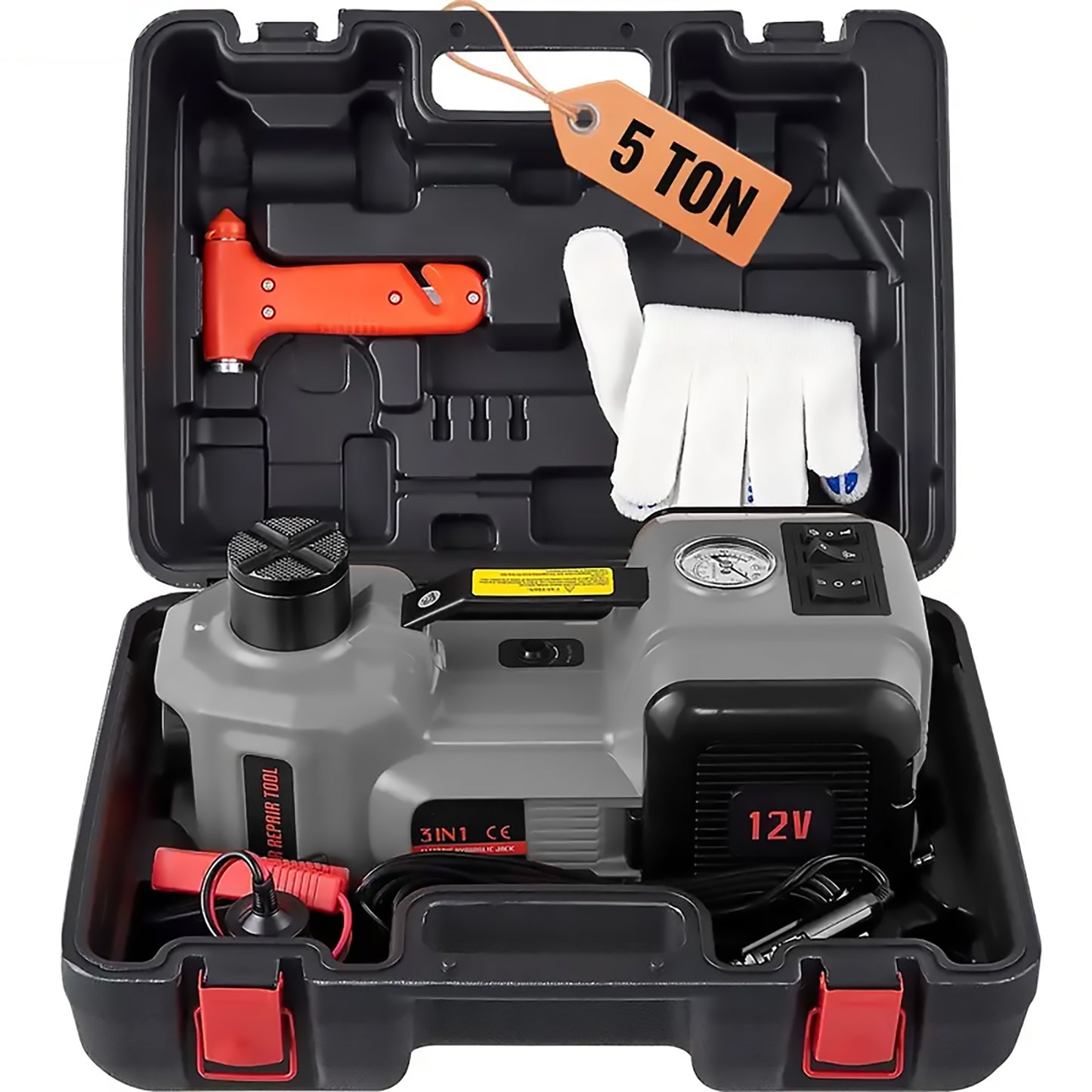 3-in-1 Electric Car Jack with Air Compressor & Emergency Hammer