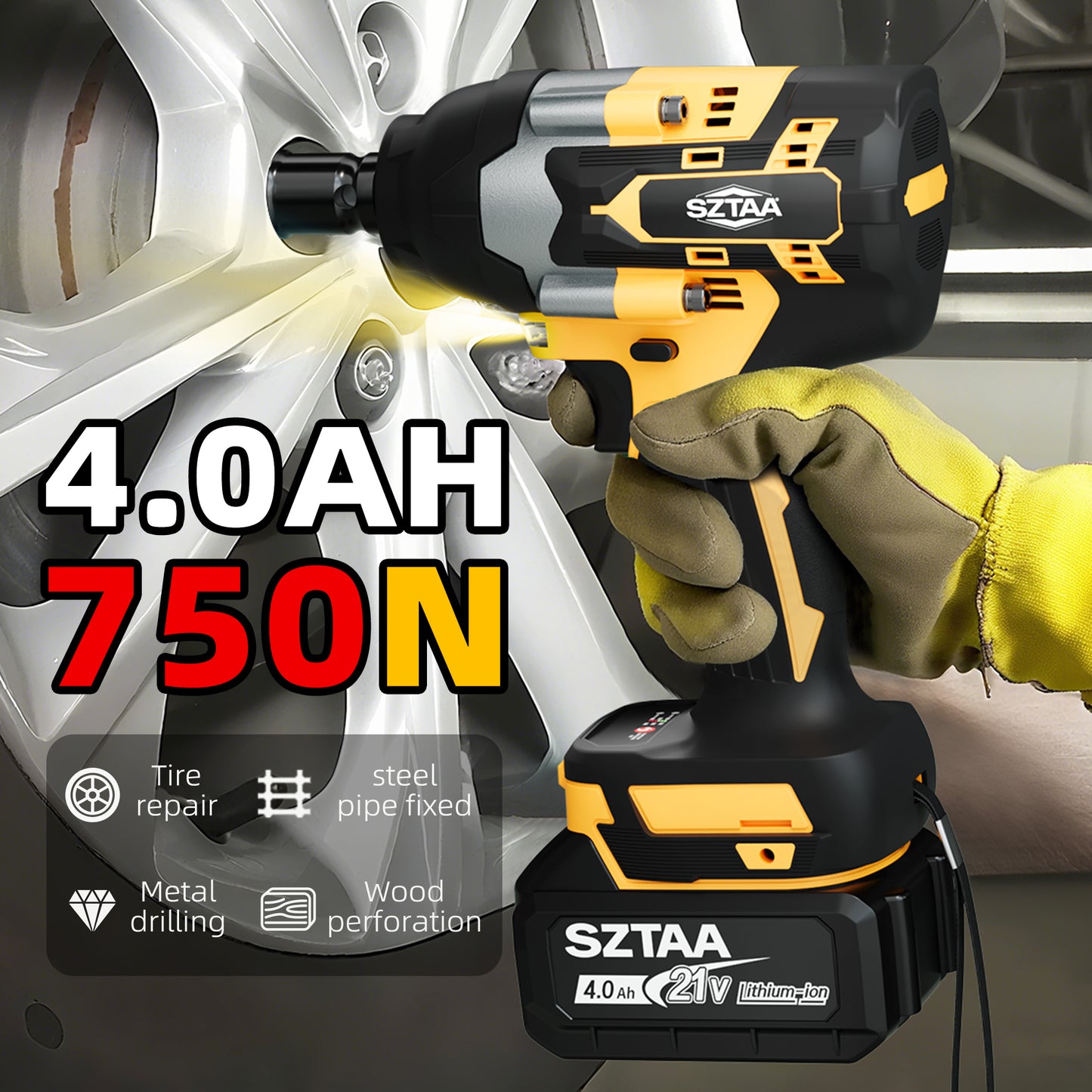 SZTAA Wireless Impact Wrench, 1/2 Inch Brushless Power Impact Driver, Torque 750