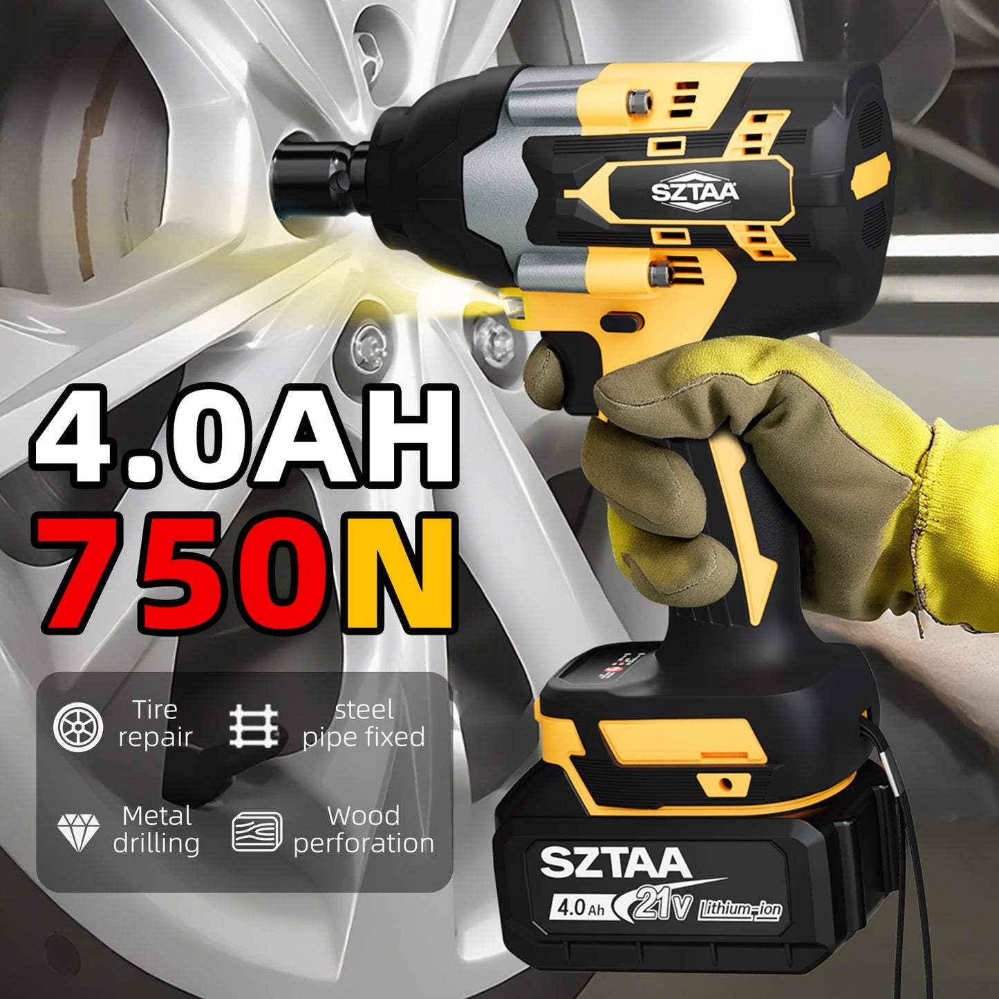SZTAA Wireless Impact Wrench, 1/2 Inch Brushless Power Impact Driver, Torque 750