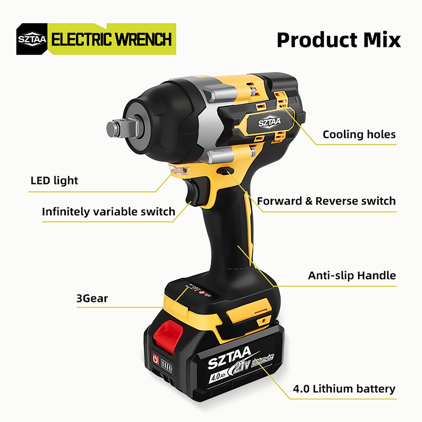 SZTAA Wireless Impact Wrench, 1/2 Inch Brushless Power Impact Driver, Torque 750