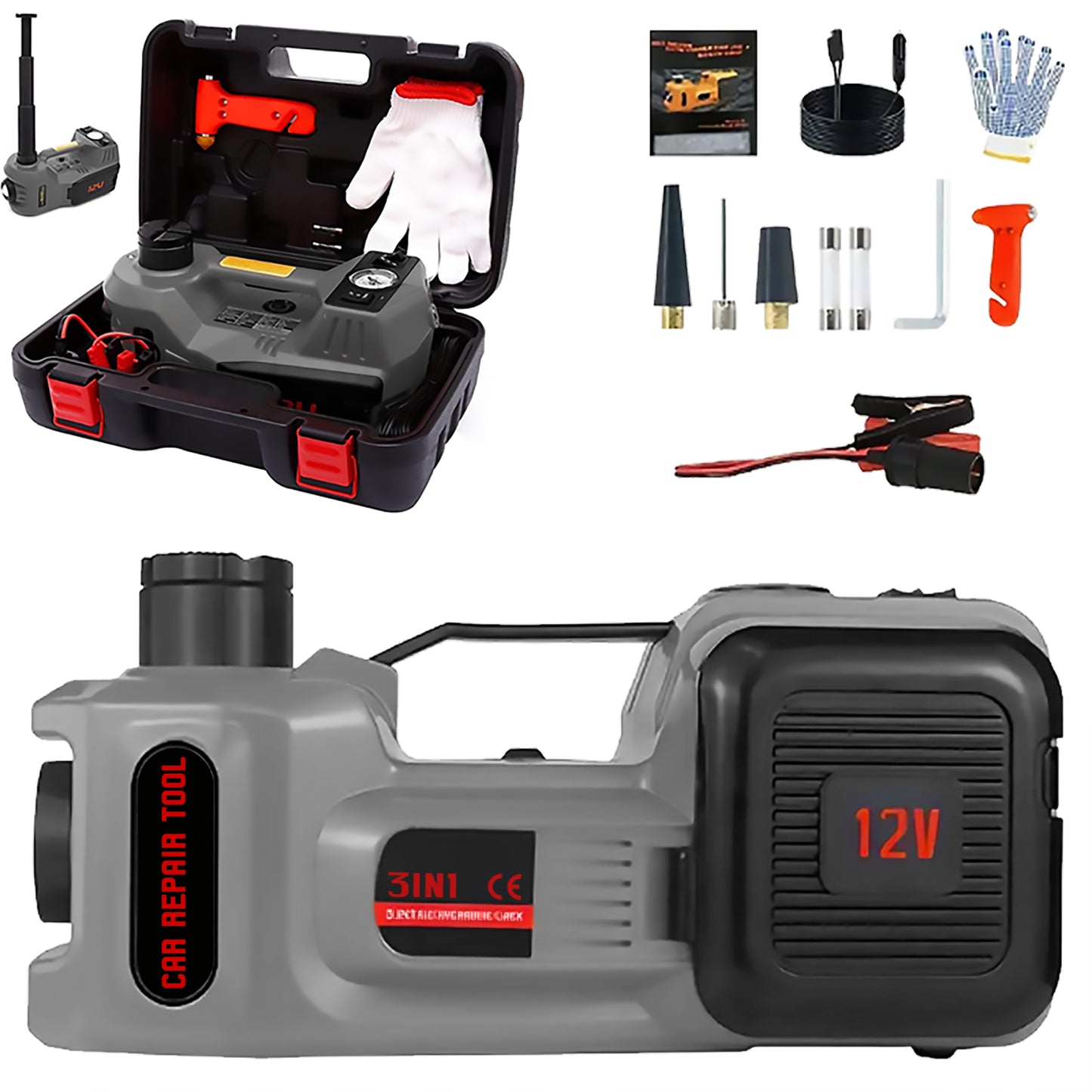 3-in-1 Electric Car Jack with Air Compressor & Emergency Hammer