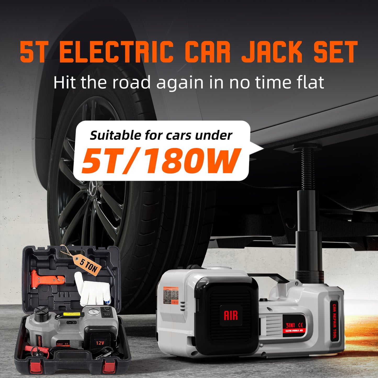 3-in-1 Electric Car Jack with Air Compressor & Emergency Hammer