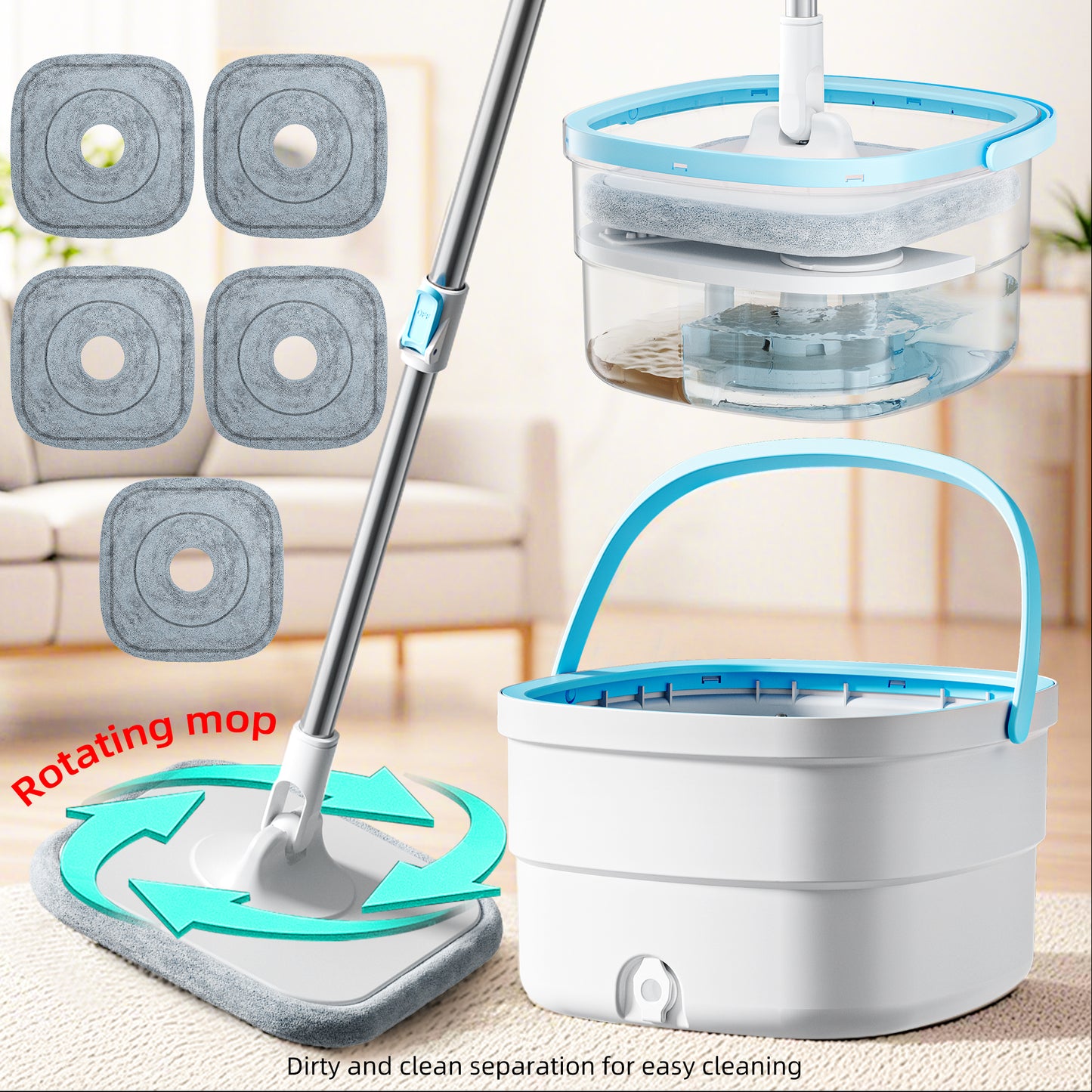 SZTAA 360° Spin Mop & Dual-Bucket System w/ 5 Washable Microfiber Pads