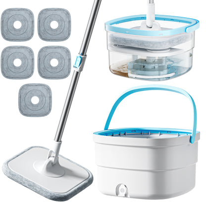 SZTAA 360° Spin Mop & Dual-Bucket System w/ 5 Washable Microfiber Pads