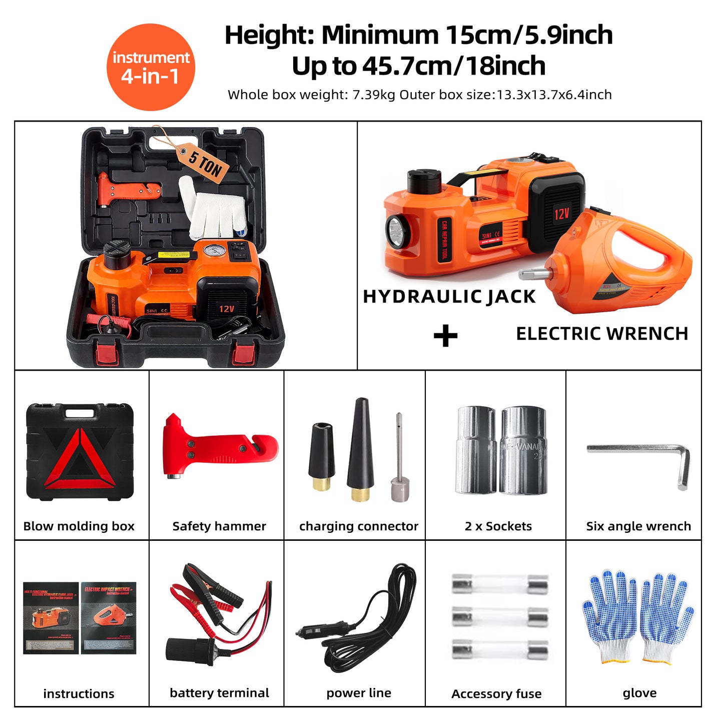 SZTAA 5 Ton Electric Car Jack Lift - All-in-One Kit w/ Impact Wrench, Air Pump & Light for Quick Tire Changes