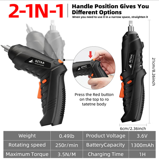 SZTAA 3.6V Cordless Electric Screwdriver Kit - USB-C Charging, 3Nm Torque, 47-Piece Bits w/Built-in LED Light & Compact Case Home Improvement blck